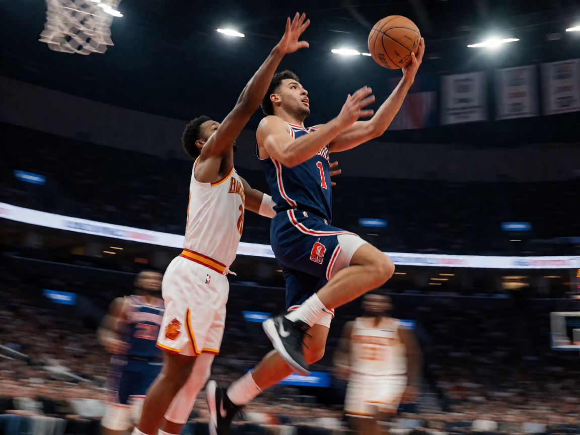 NBA比赛精彩瞬间，球员快攻突破上篮，防守球员紧贴