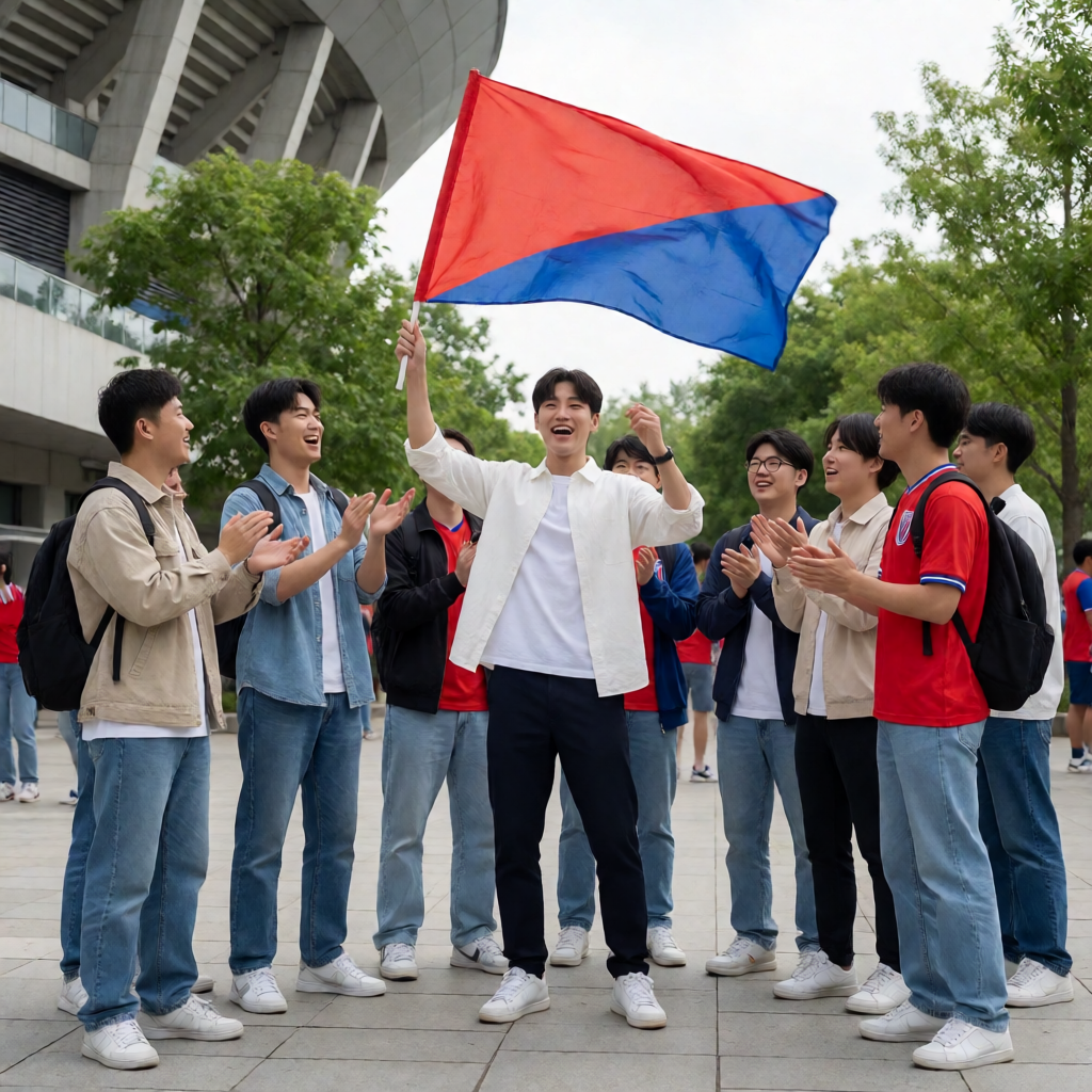球迷在球场外挥舞旗帜，充满激情的社区氛围